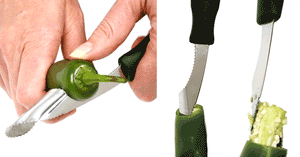 3 panel photo on how to use the Norpro Jalapeno pepper corer