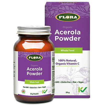 a bottle of Flora Organic Acerola Powder next to its package
