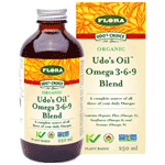 a bottle of Flora Udo's Oil Omega 3+6+9 Blend next to its package