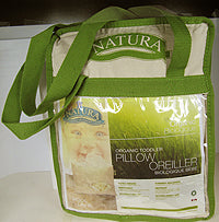 Baby Natura Organic Toddler Pillow in its carrying bag