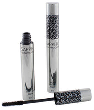 Sappho New Paradigm Vegan Mascara containers, one with wand applicator laying in front