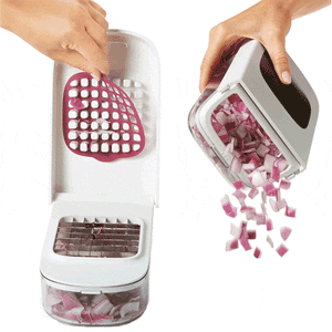 Peeling away Chopper's removable grid & using Easy-Pour Opening