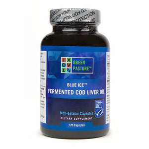 Previous label style for Blue Ice Fermented Cod Liver Oil Capsules
