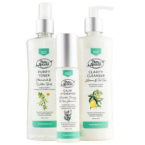 Bottles of Pure Anada Purify Toner, Calm Hydrator and Clarity Cleanser