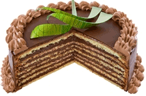 A layer cake after several slices are gone, showing interior layers