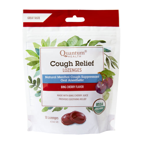 bag of Quantum Health Cough Relief Lozenges, Bing Cherry Flavour
