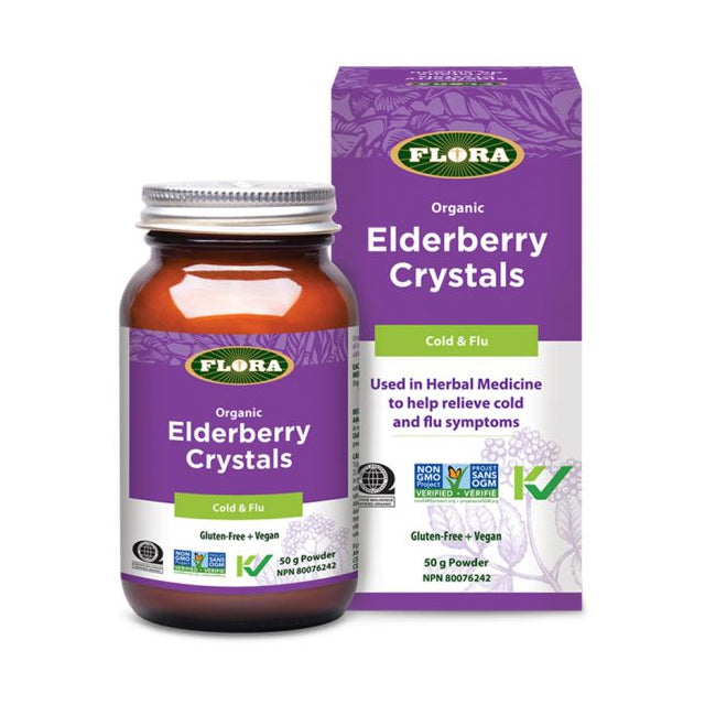 Flora Elderberry Crystals, 50g Bottle and Box