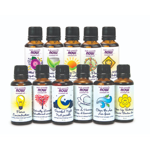 Group shot of 11 types of NOW Complex Essential Oil Blends