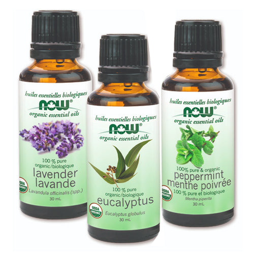 Several types of NOW Organic Essential Oil in of 30 ml bottles