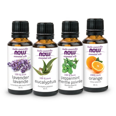 Four types of NOW 100 Percent Pure Essential Oil in 30 ml bottles