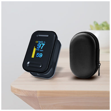 Yongrow Fingertip Pulse Oximeter, next to case