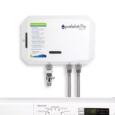 pureWash unit mounted on wall and connected to a washer