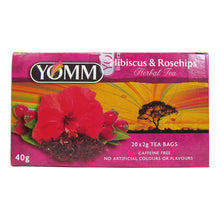 Box of  20 Yomm Hibiscus and Rosehips tea bags